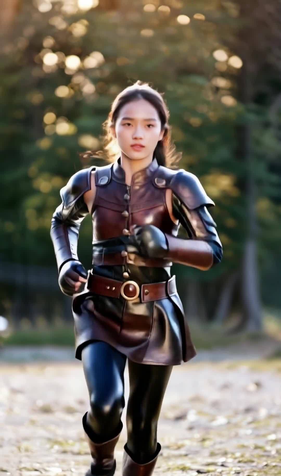 皮甲少女林间奔跑，光影营造电影感氛围