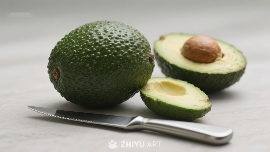 新鲜牛油果与切刀静物图