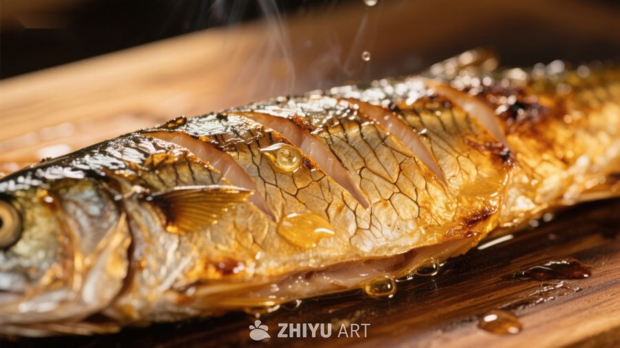 烤鱼特写：金黄酥脆，热气腾腾