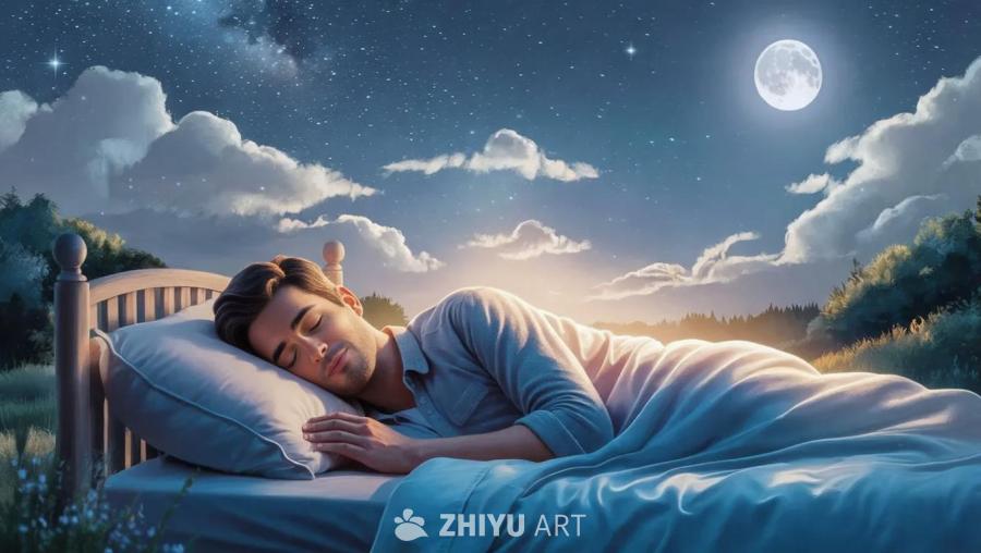 在星空下的夜晚，一名男子躺在舒适的床上，进入睡眠状