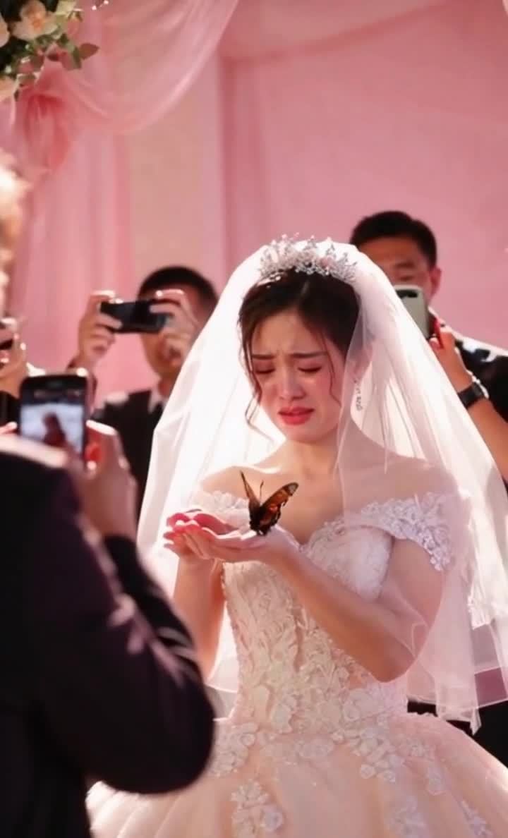 新娘婚礼落泪，手托蝴蝶，众人拍照记录瞬间。