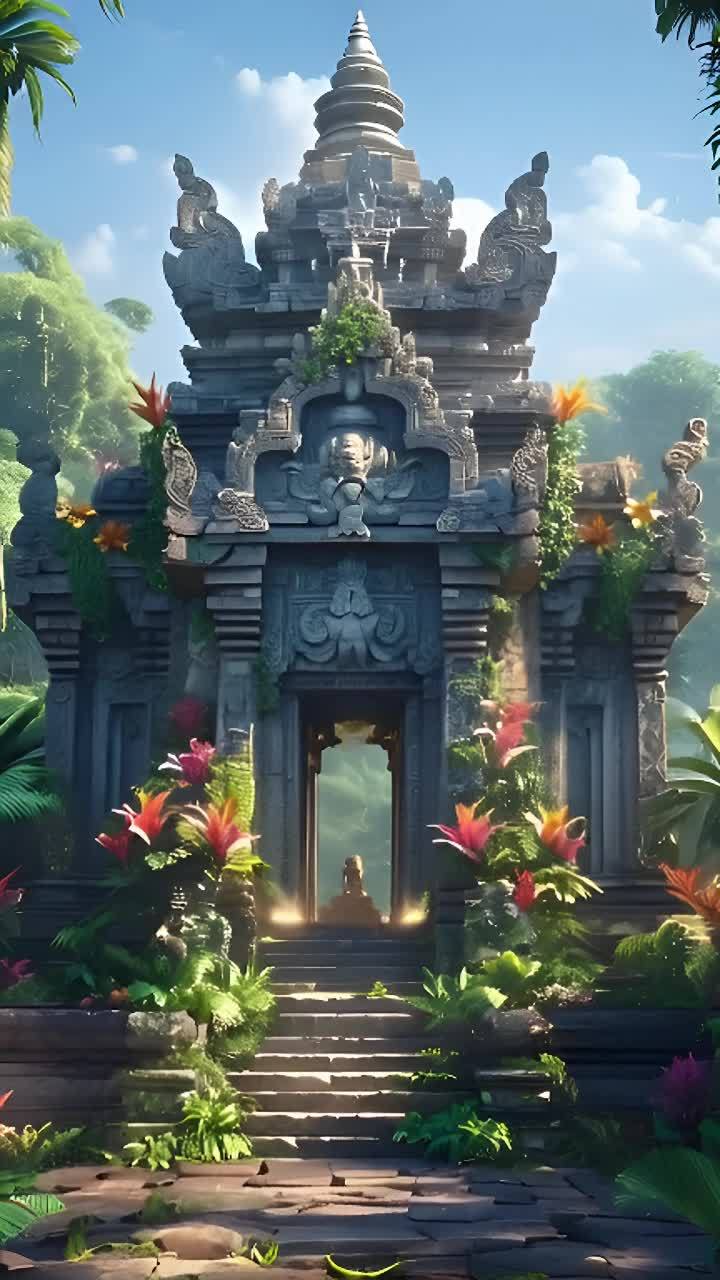 一座宏伟的石制寺庙矗立在葱郁的热带花园中央。这座灰色石庙装饰着复杂的雕刻和一个大尖顶屋顶。鲜艳的花朵和茂密的植被环绕着它，营造出一种宁静的氛围。人们通过一组石阶走近寺庙。柔和的自然光线洒满整个场景。寺庙内的雕像保持着静止不动，而摄像机缓缓地环顾四周的外部，捕捉到宁静的花园以及光与影的交错。