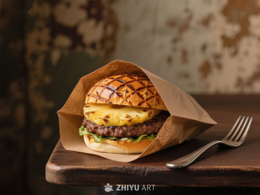 菠萝牛肉汉堡，纸袋包裹
