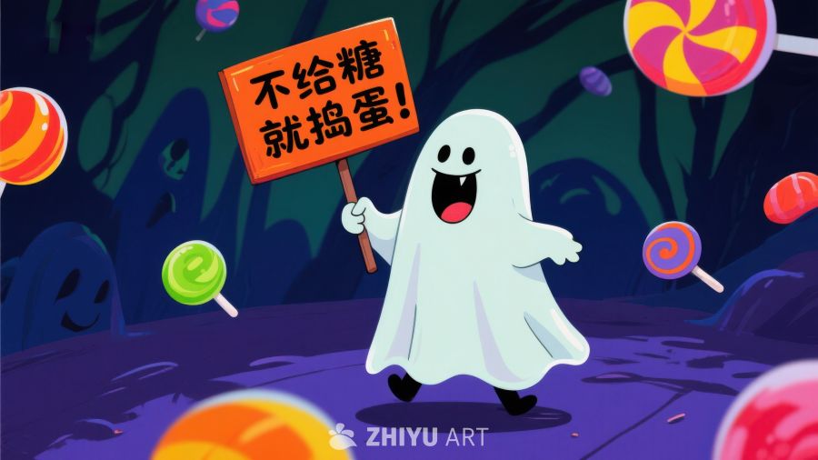 卡通幽灵手持标语，糖果环绕