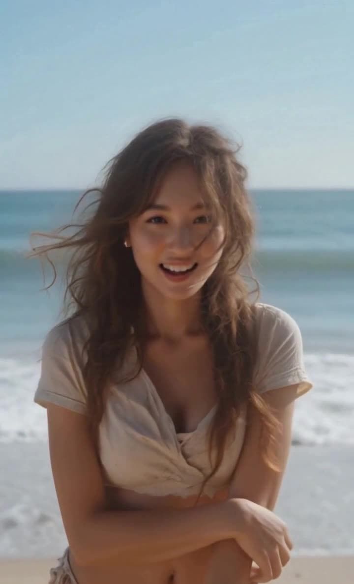 一位年轻女子站在海滩上，她穿着一件宽松的浅色上衣，