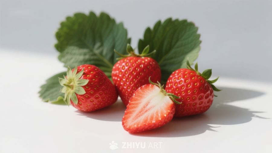 新鲜草莓与绿叶的静物图 563