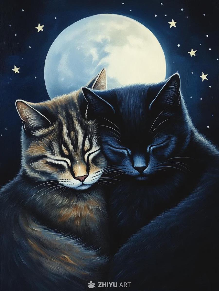 夜空中点缀着星星，一轮满月悬挂。两只猫紧紧依偎在一