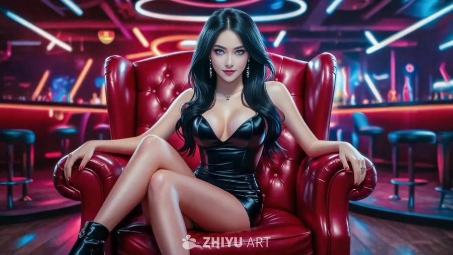 一位年轻女子坐在一个夜总会里。她有长长的黑发和蓝色
