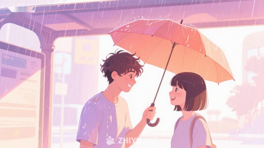 雨中共享橙色伞的温馨时刻 647
