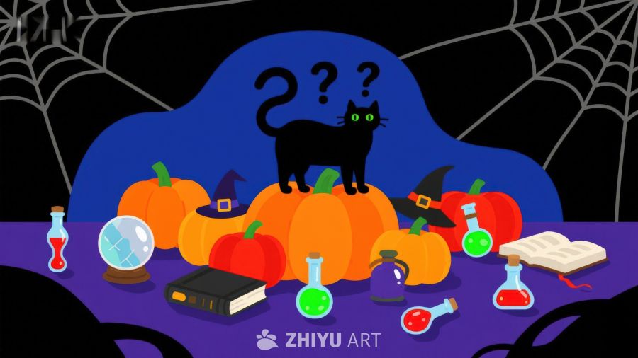 万圣节夜景：黑猫与南瓜的神秘聚会