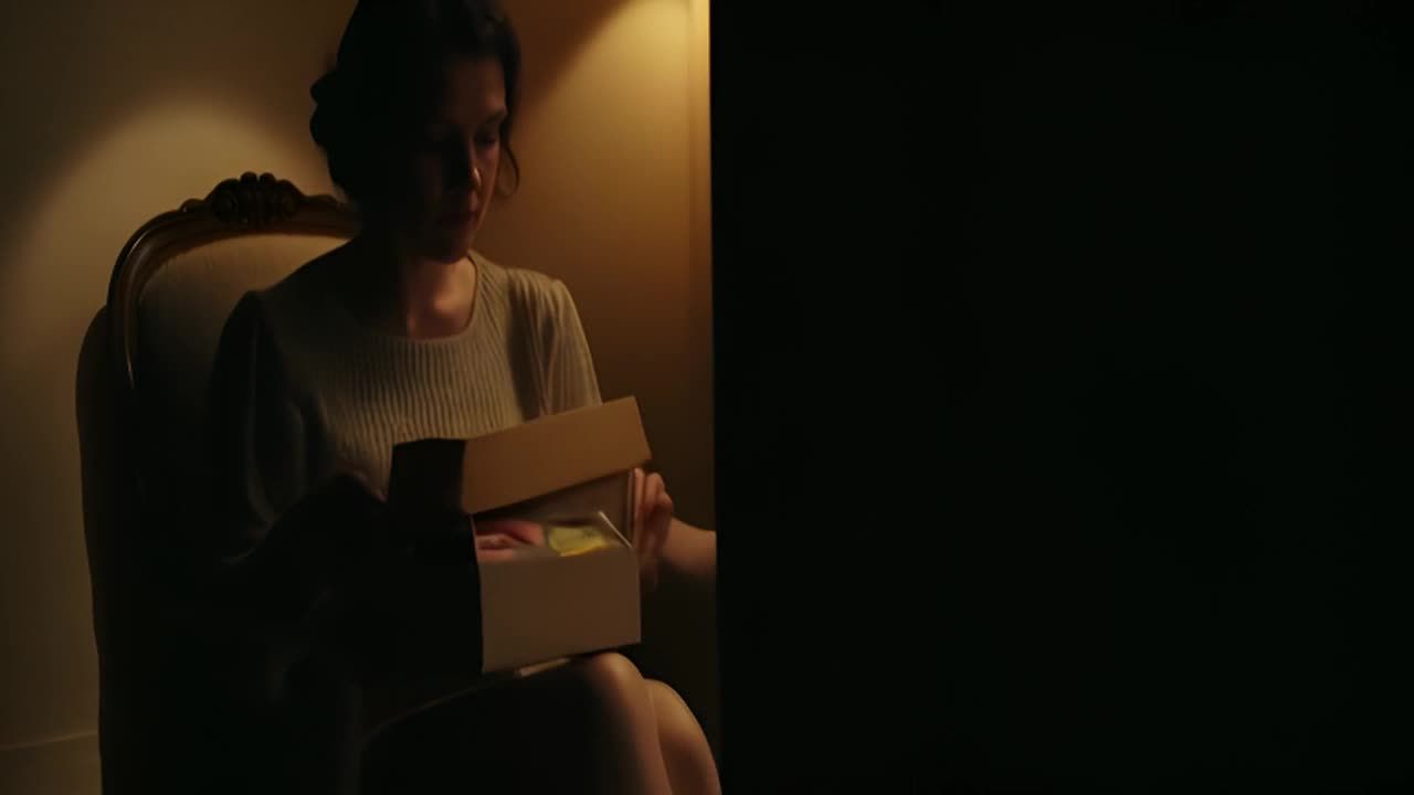 一位女士独自坐在昏暗的房间里。她神情忧郁而怀旧，轻