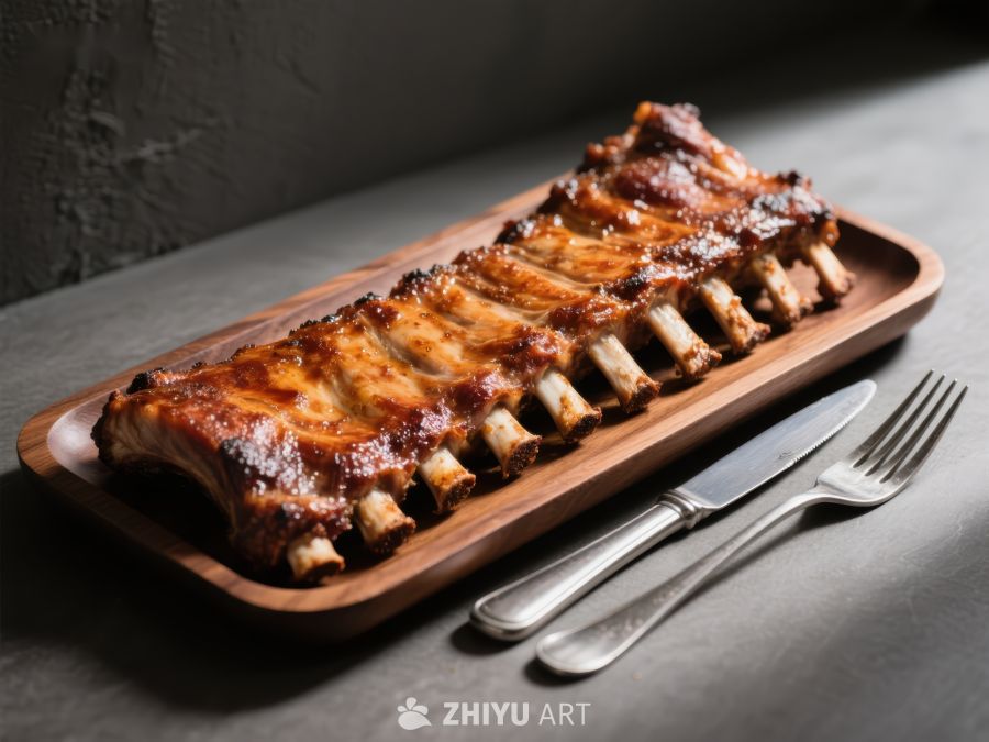 烤肋排摆盘，配刀叉