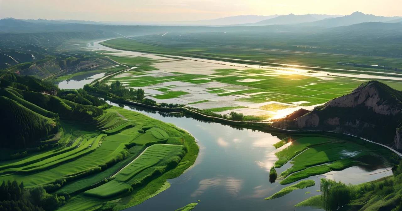 画面中呈现出壮丽的山河景色，河流蜿蜒流淌，水面平静