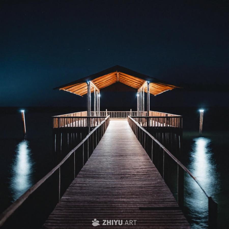夜间，一个木制码头延伸到海中。码头被灯光照亮，营造
