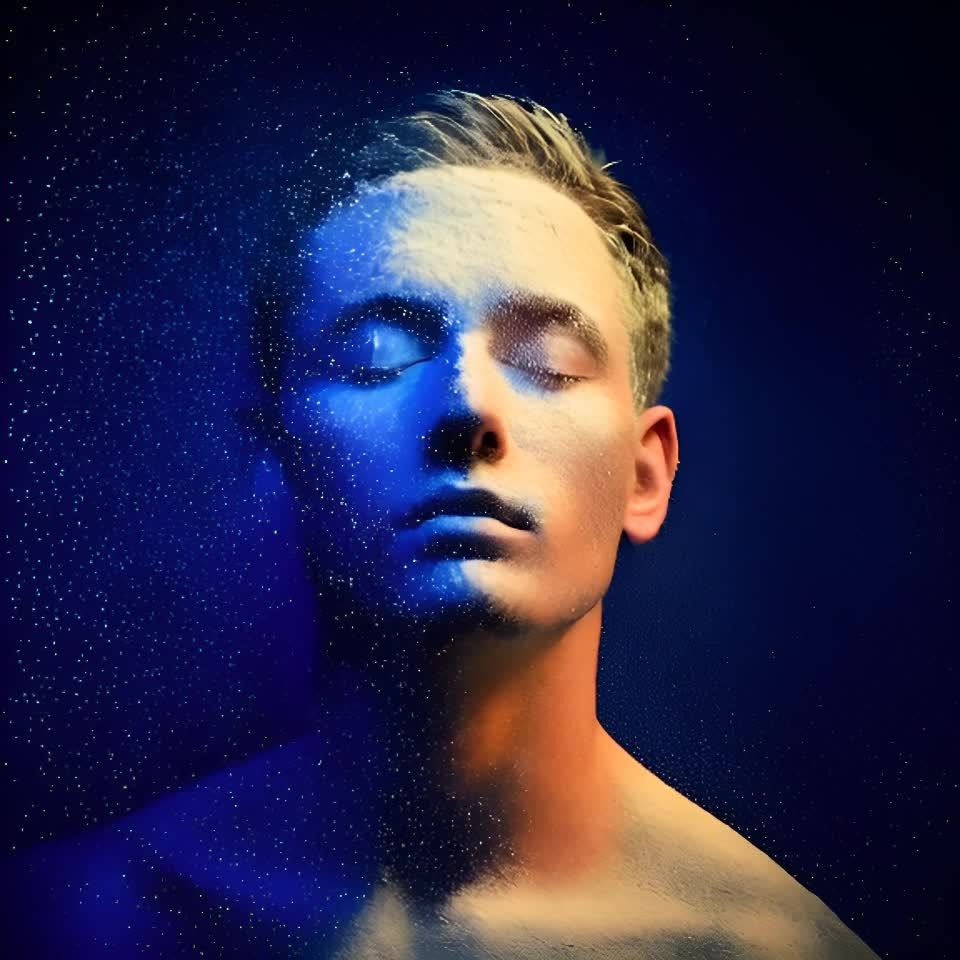 一个闭着眼睛的男子站在蓝色粉末的淋浴下，头部微微向