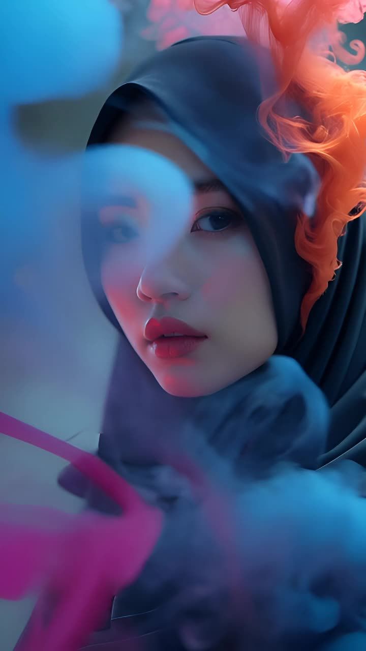 一位女性戴着深色头巾，周围有彩色烟雾。她缓缓地眨眼