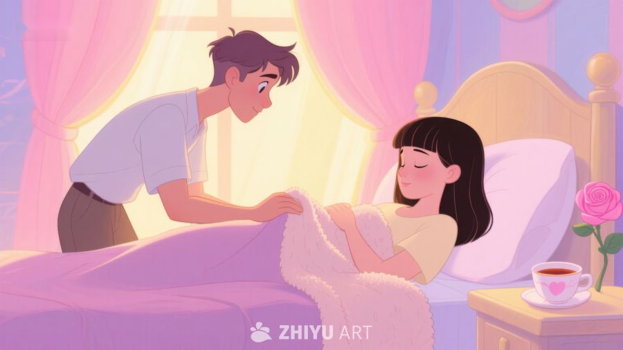 温馨时刻：男子为床上女子盖毯 440