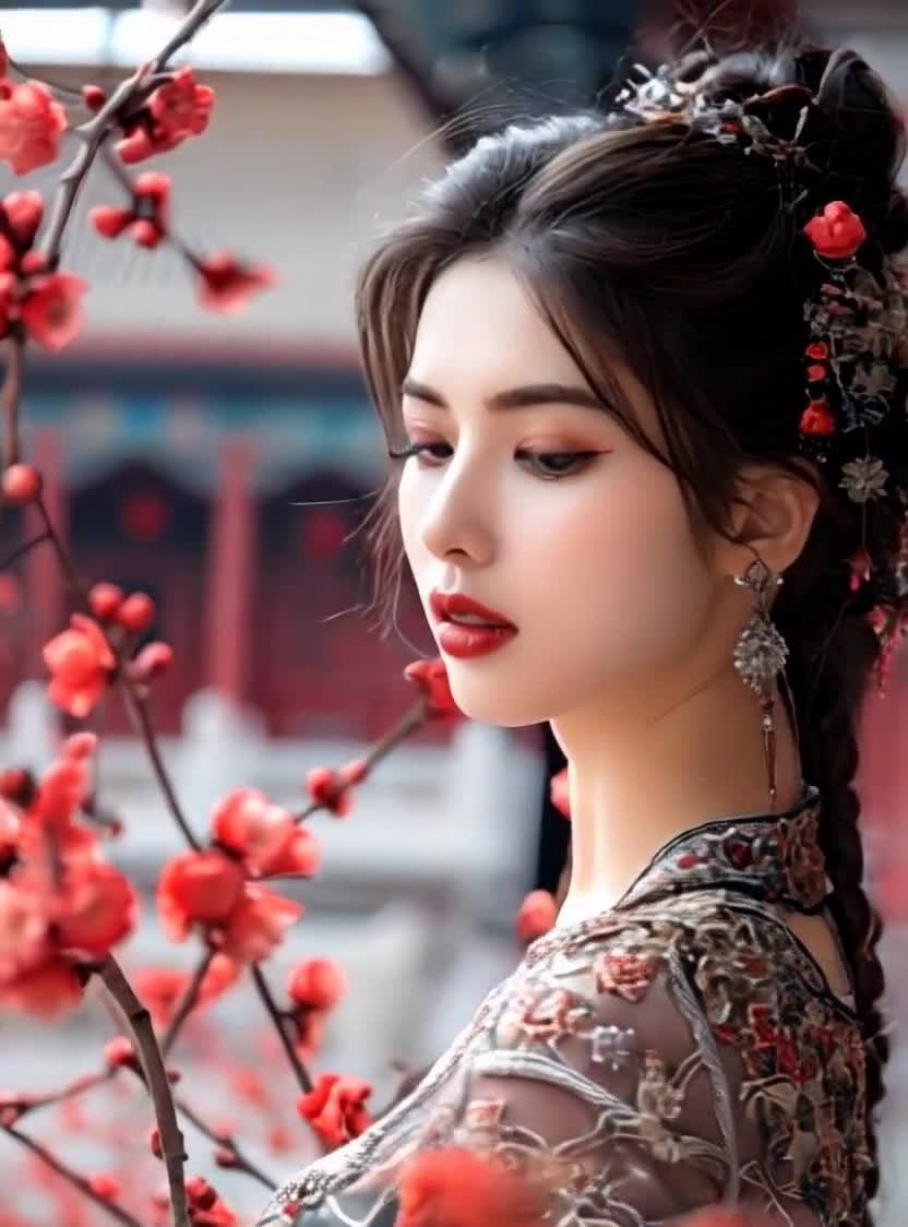 古典美人梅花映衬，红唇红妆古韵盎然。
