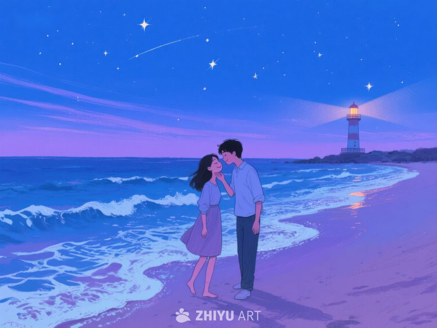 海边夜景下的情侣与灯塔 234