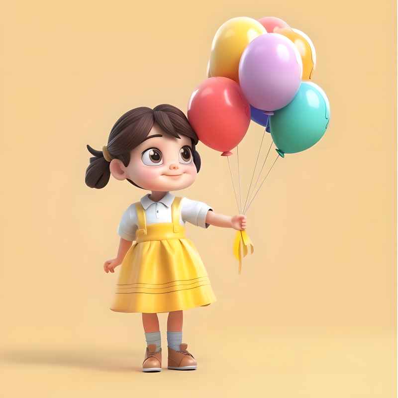 一个可爱的女孩的3D角色拿着气球 2