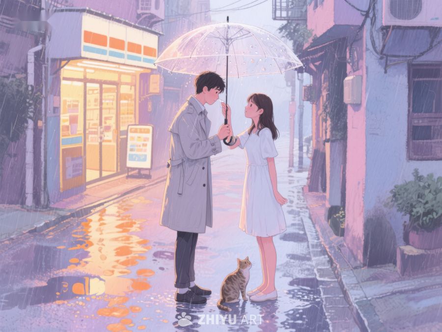 雨中情侣共撑伞，猫咪相伴温馨街景 1156