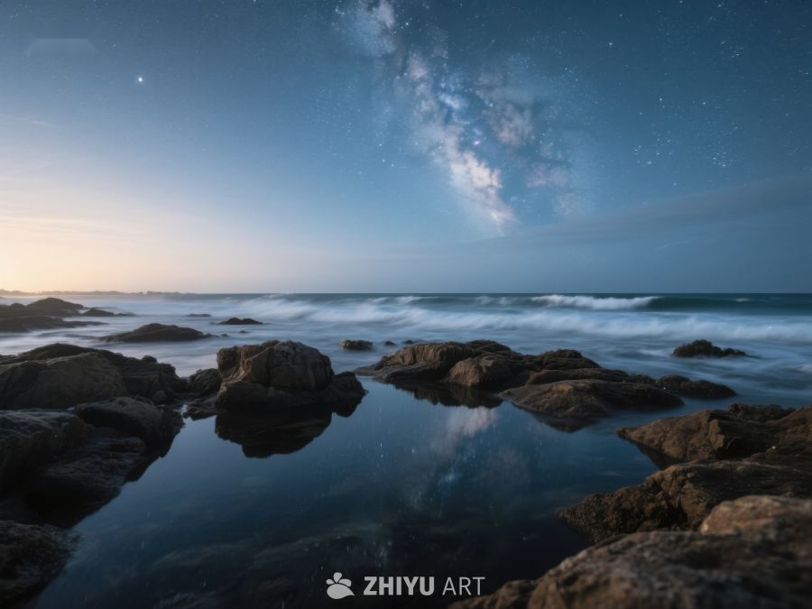 夜空银河映照海岸岩石 440