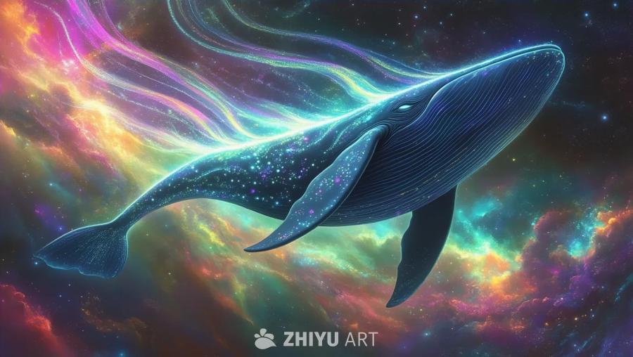 一只巨大的、鲸鱼状的生物在超空间中滑行，其身体闪烁