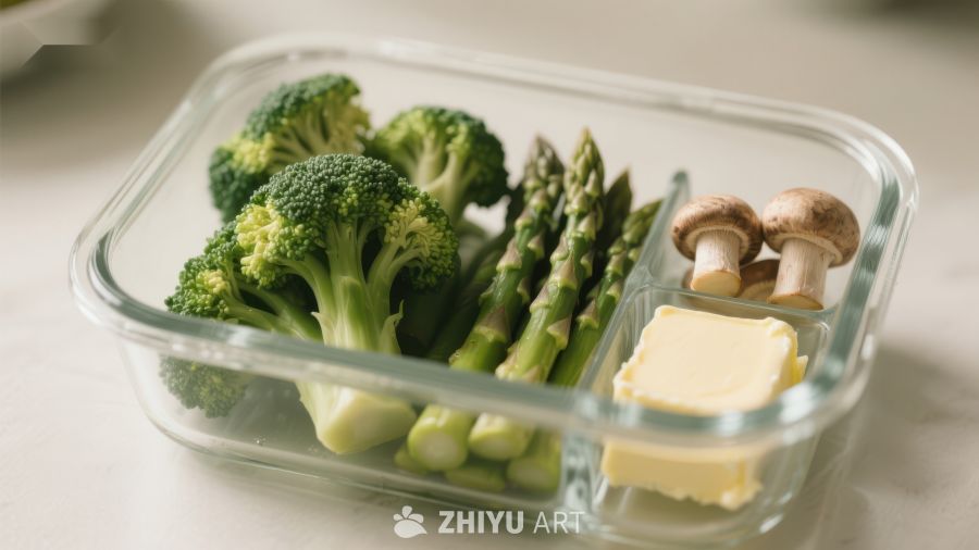 透明盒中的西兰花、芦笋和蘑菇