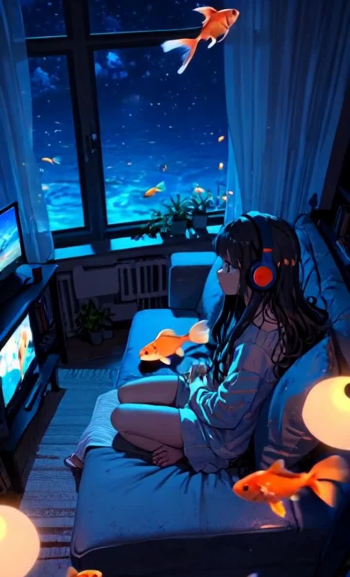 一位少女坐在沙发上，戴着耳机，凝视着窗外。几条金鱼