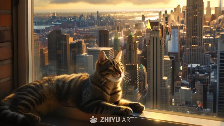 一只虎斑猫趴在窗台上，窗外是高楼林立的城市景观，阳