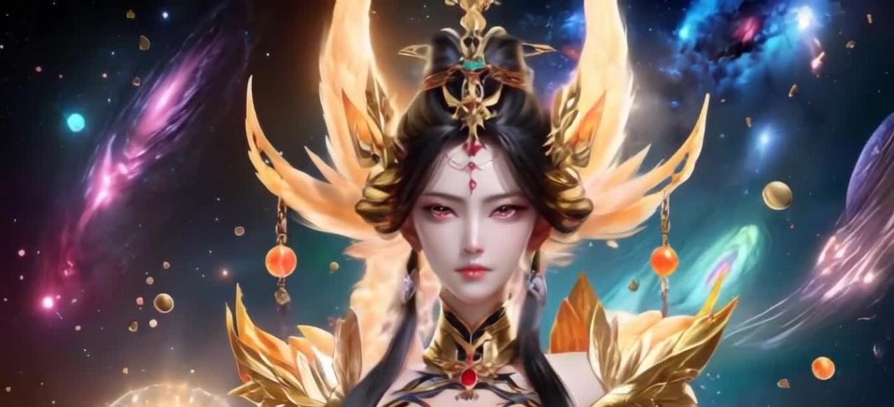背景是星空，其中漂浮着星云和球体。一位女性角色，身