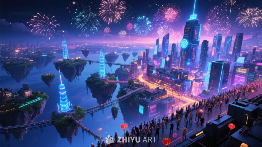 未来城市夜景与烟花庆典 563