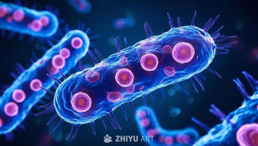 悬浮在溶液中的大肠杆菌在显微镜下被放大观察，其结构