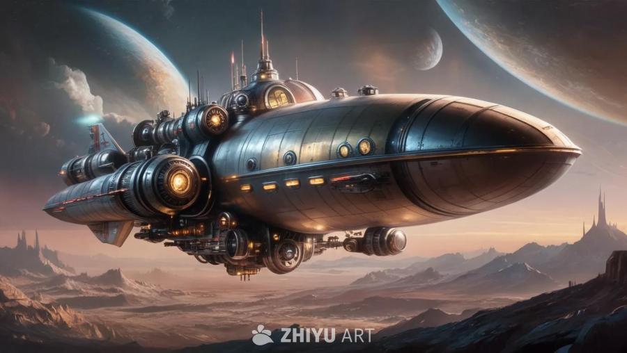 一艘蒸汽朋克风格的宇宙飞船在空中飞行，下方是连绵起
