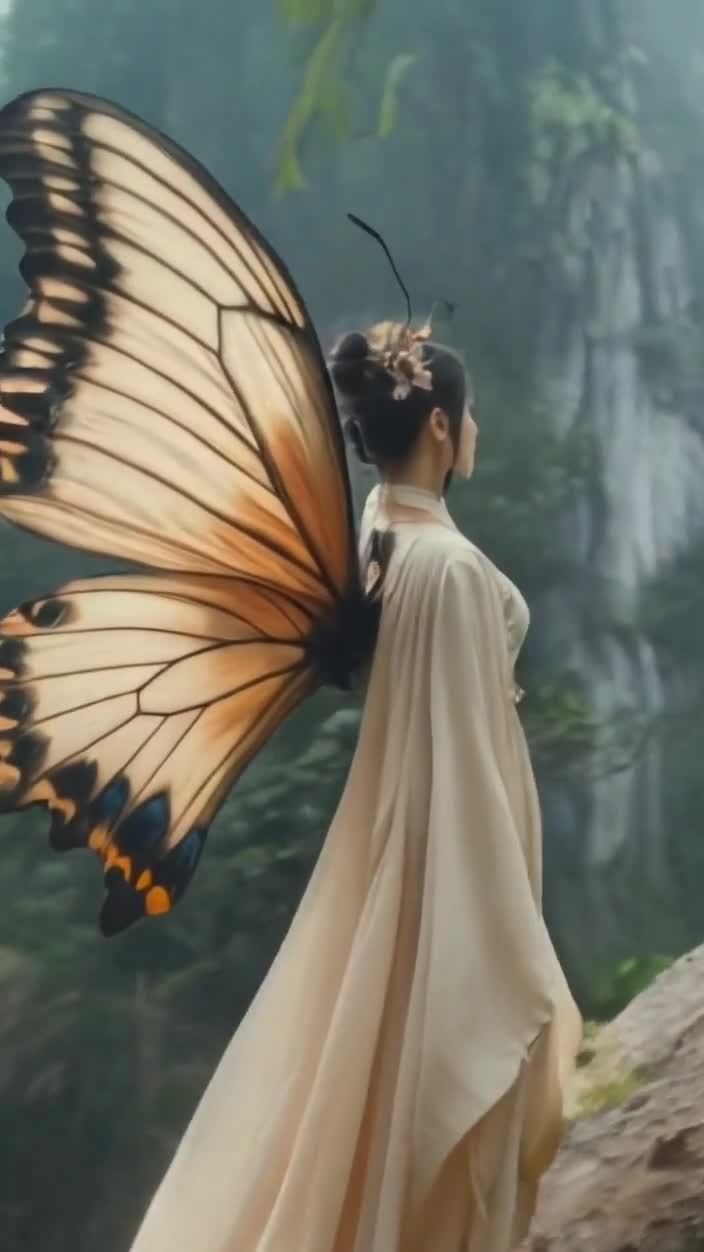 长裙女子背生蝶翼，侧身凝望，背景为绿色植被。