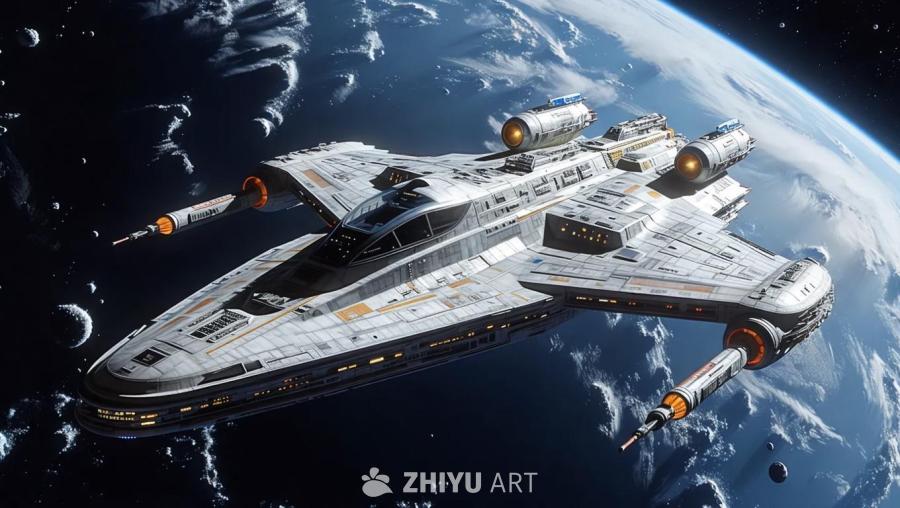 一艘白色宇宙飞船悬浮在太空中，背景是地球。飞船有驾