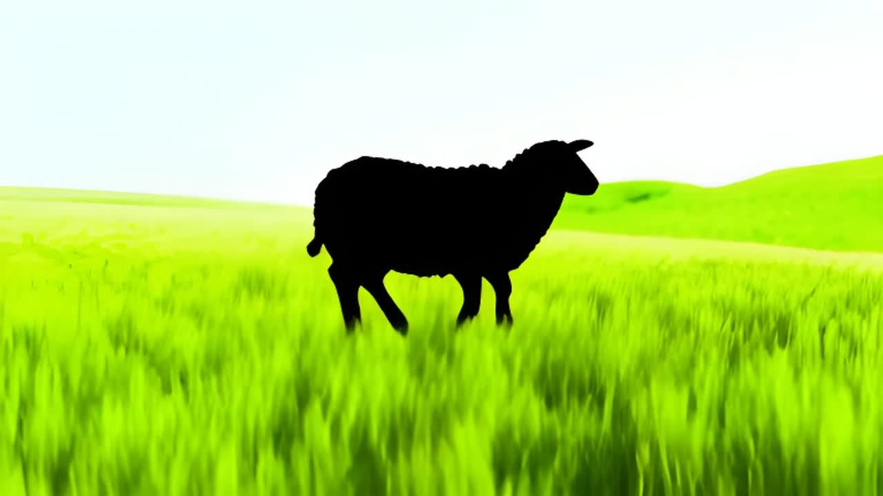 一只黑色的羊站在郁郁葱葱的绿色田野上。背景是连绵起伏的小山丘，天空晴朗明净。这只羊似乎正在吃草或休息，它的身体呈现出放松的姿态。羊毛浓密而柔软，看起来非常舒适。整个场景给人一种宁静和谐的感觉，仿佛置身于一个远离喧嚣的世外桃源。