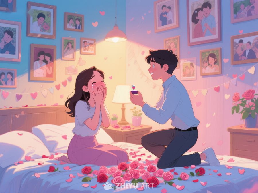 浪漫求婚场景，温馨卧室氛围 421