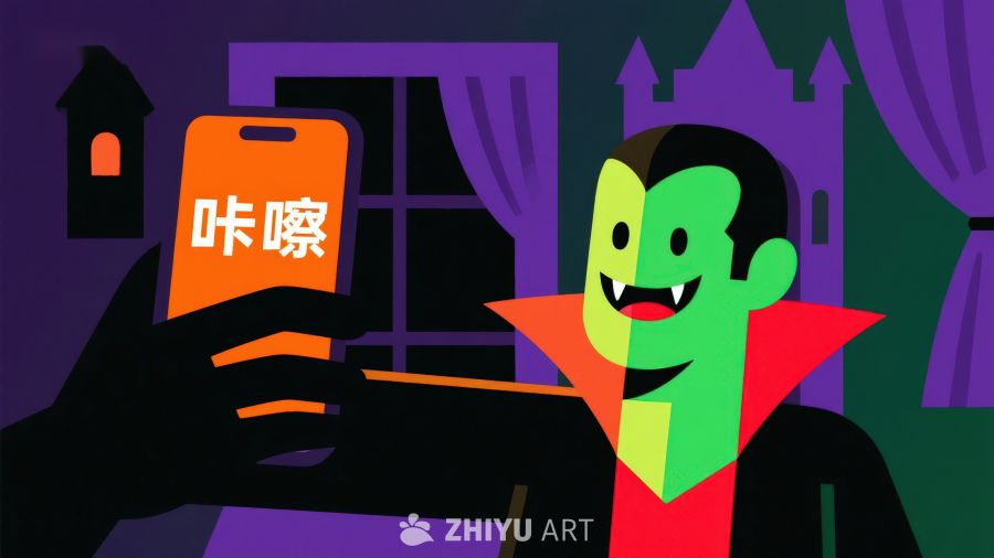 吸血鬼手持手机，屏幕显示文字