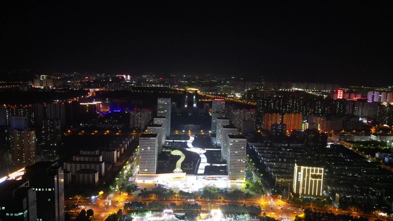 航拍山东泰安万达广场夜景