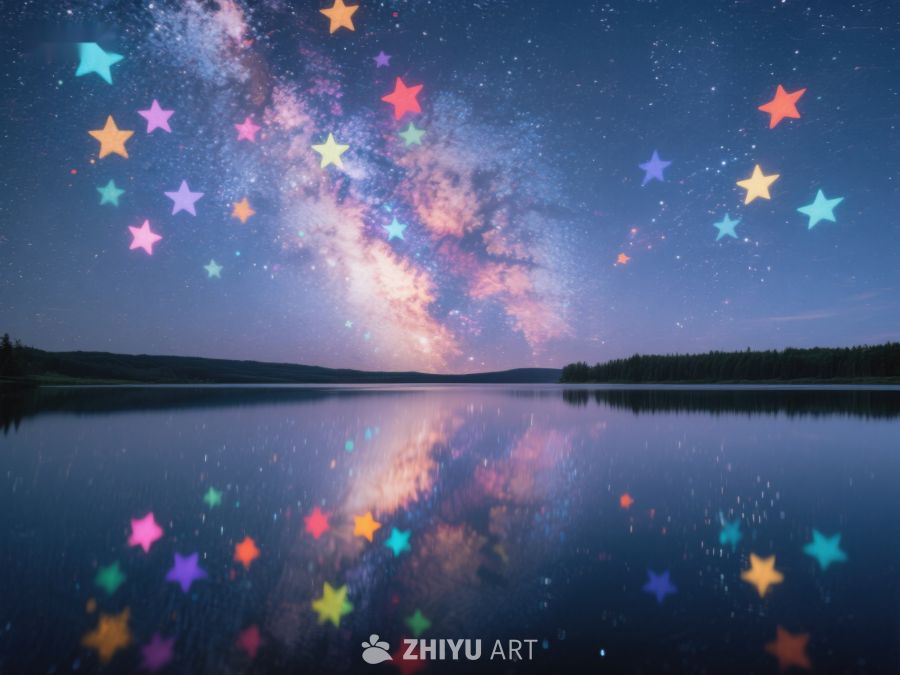 星空倒映湖面，彩色星星点缀夜空 159
