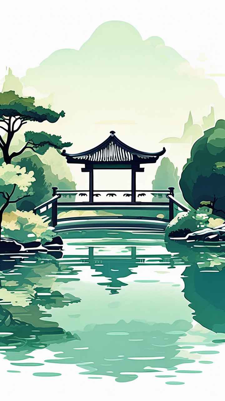 中国画园林植物水亭子插画 7