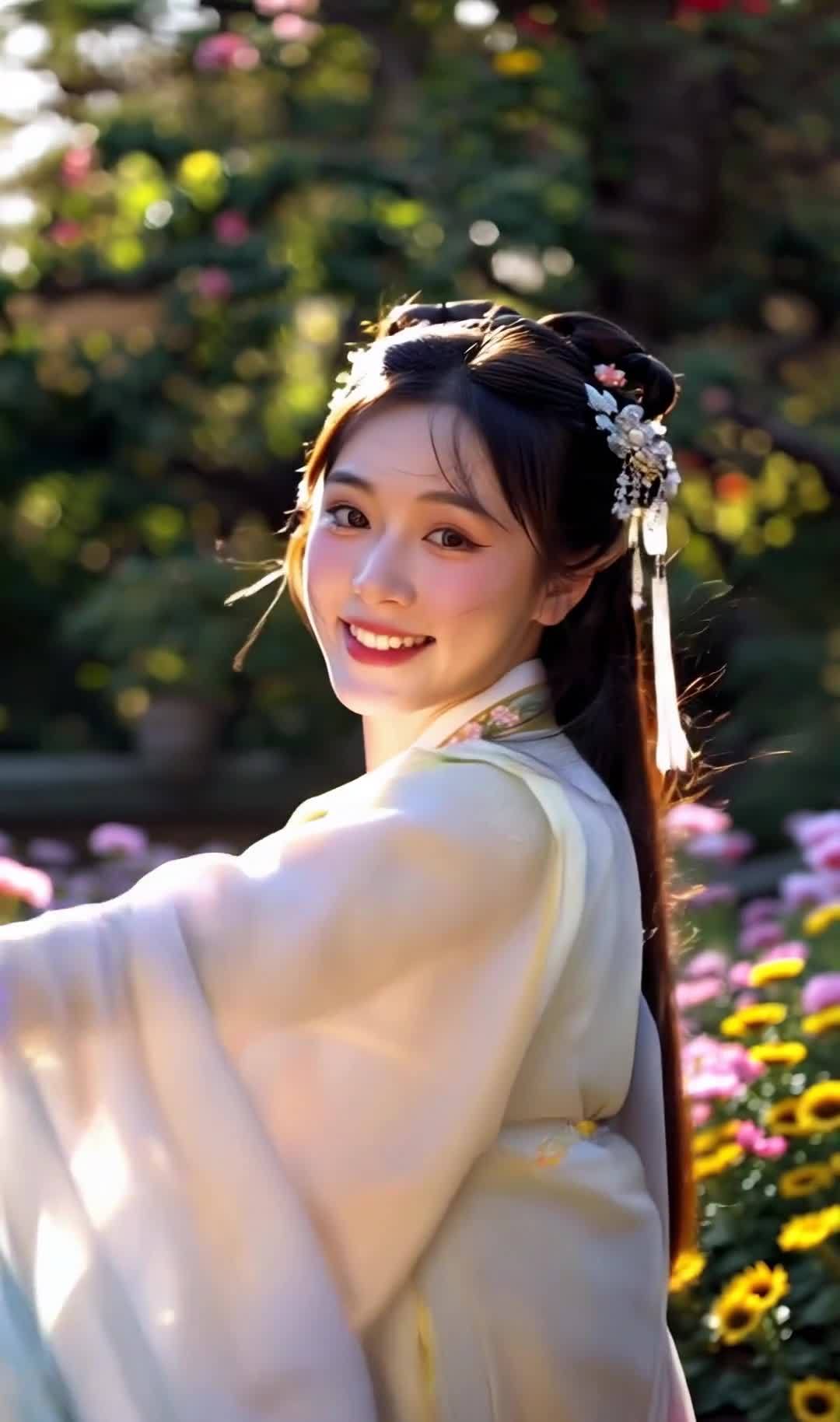 汉服女子花丛微笑侧颜特写