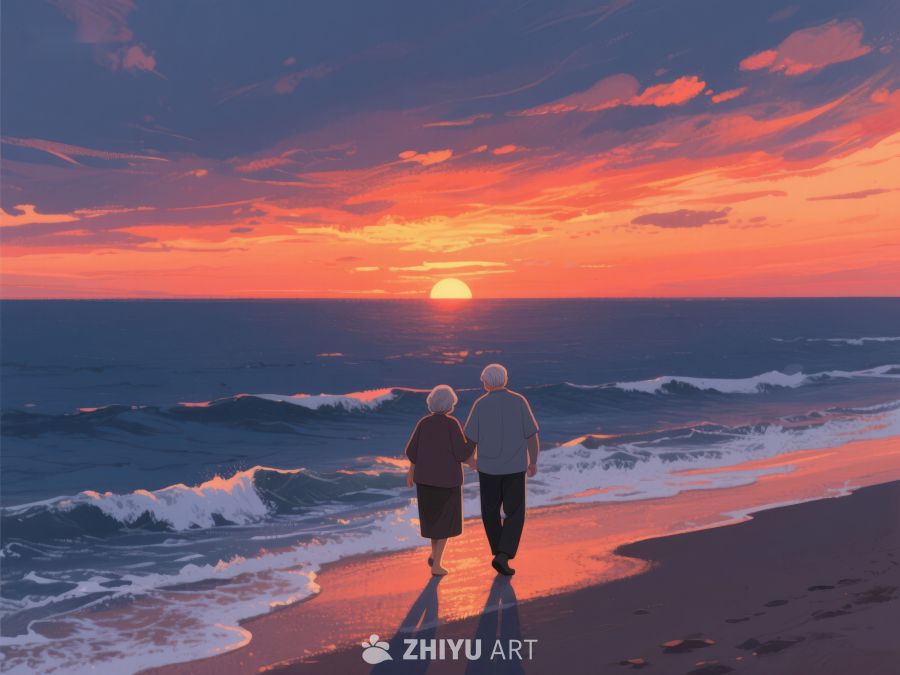 夕阳下海边漫步的老人 941