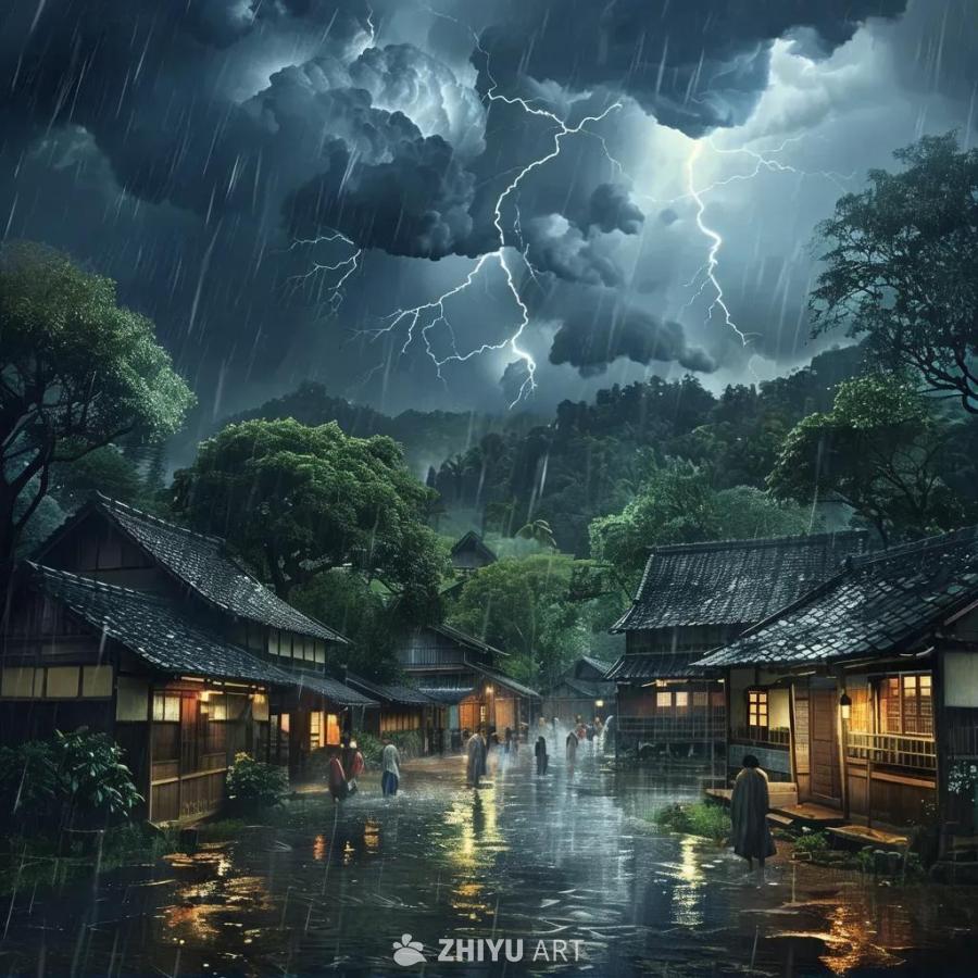 一个村庄正遭受暴风雨袭击，天空乌云密布，闪电划破长