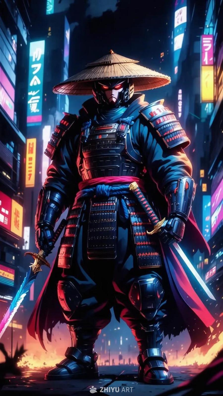 一个赛博朋克风格的巨人站在霓虹灯闪烁的城市街道上，