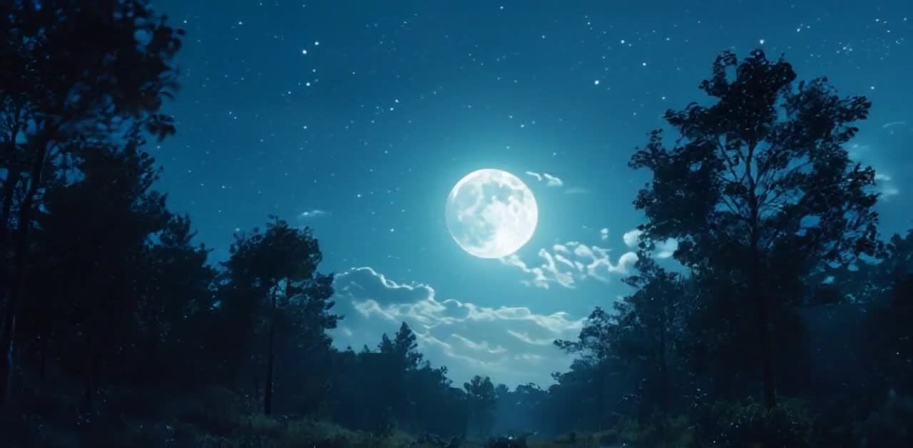 月夜星空下森林剪影，明月高悬景象。