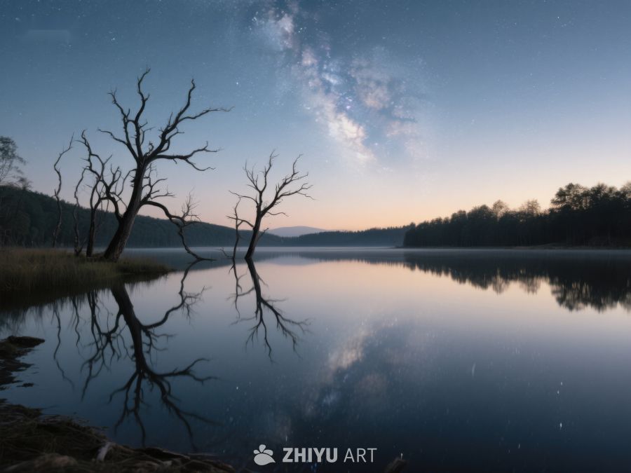 夜空银河下的静谧湖景 423