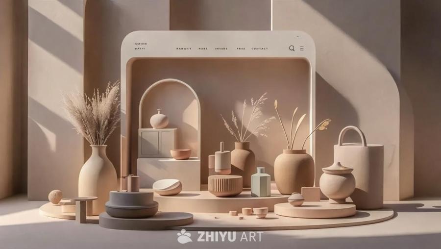 一个3D在线购物页面，页面整体为莫兰迪色系，采用柔