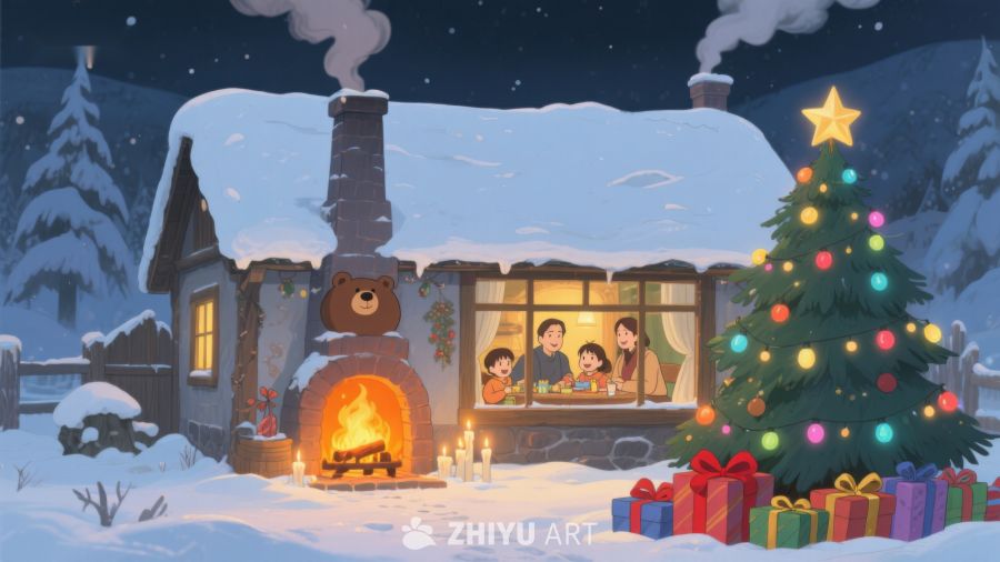 温馨圣诞夜，家庭共聚小屋前 317